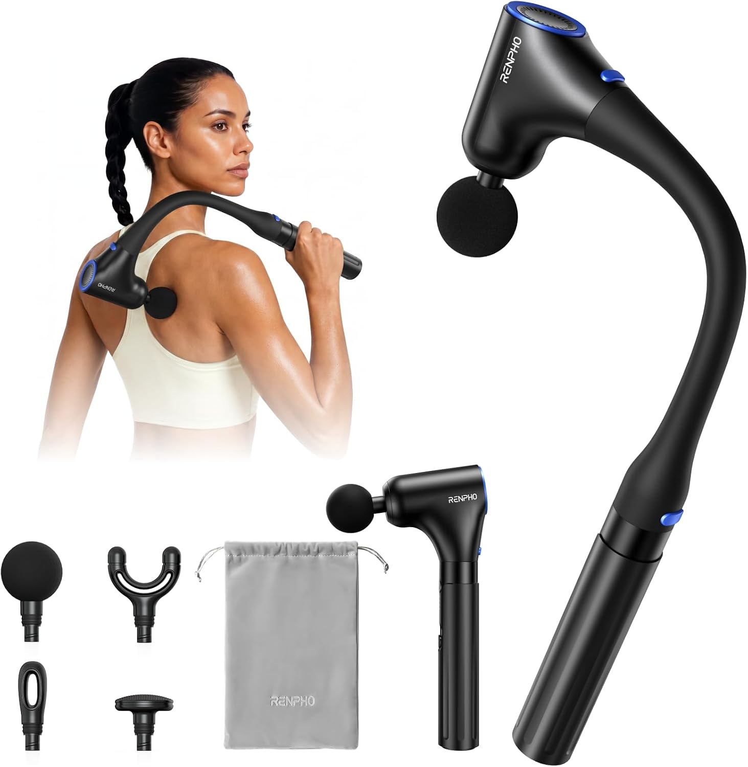 Massage Gun Deep Tissue - ปืนนวด 4-in-1 พร้อมด้ามต่อขยาย, เครื่องนวดกระตุ้นเนื้อเยื่อชั้นลึกสำหรับหลัง คอ ไหล่,